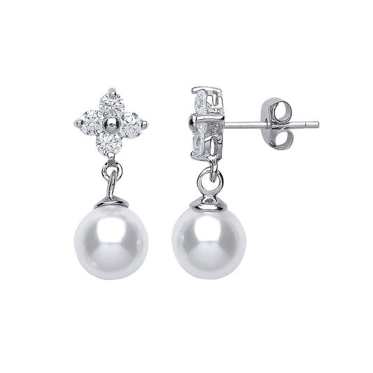 Silver  CZ Pearl Quadrilogy Drop Earrings 8mm - GVE482