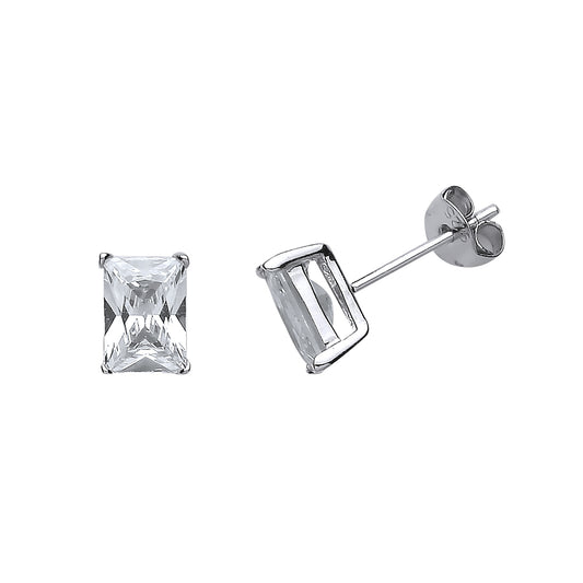 Silver  Emerald Cut CZ Solitaire Stud Earrings - GVE488