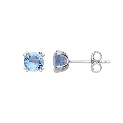 Silver  Aqua Blue CZ Double 4 Claw Solitaire Stud Earrings 6mm - GVE492AQRH