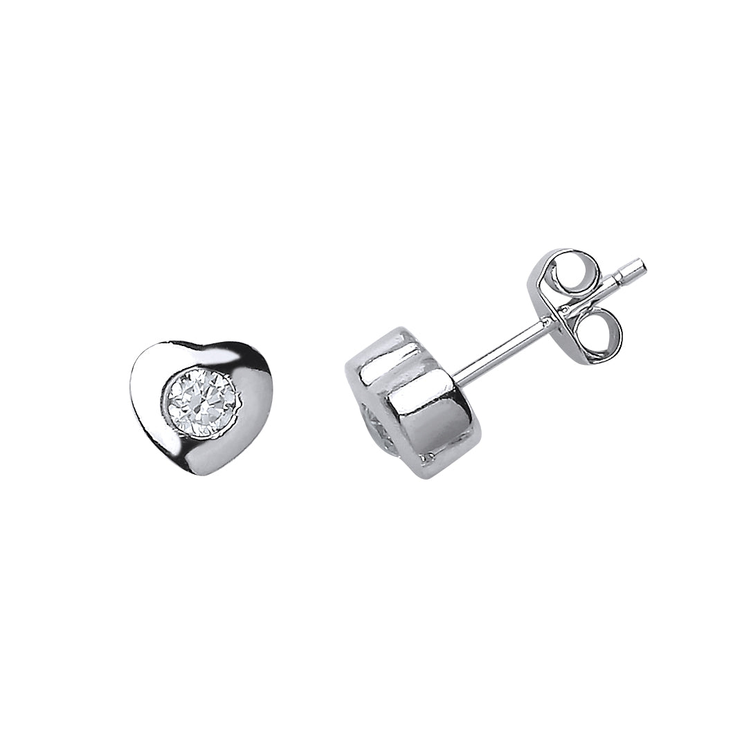 Silver  CZ Solitaire Heart Stud Earrings - GVE498