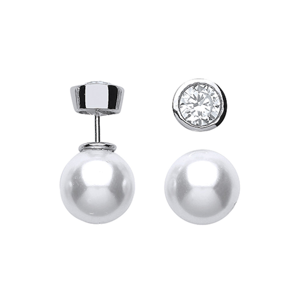 Silver  CZ Pearl Double Side Stud Jacket Earrings 7mm 10mm - GVE500