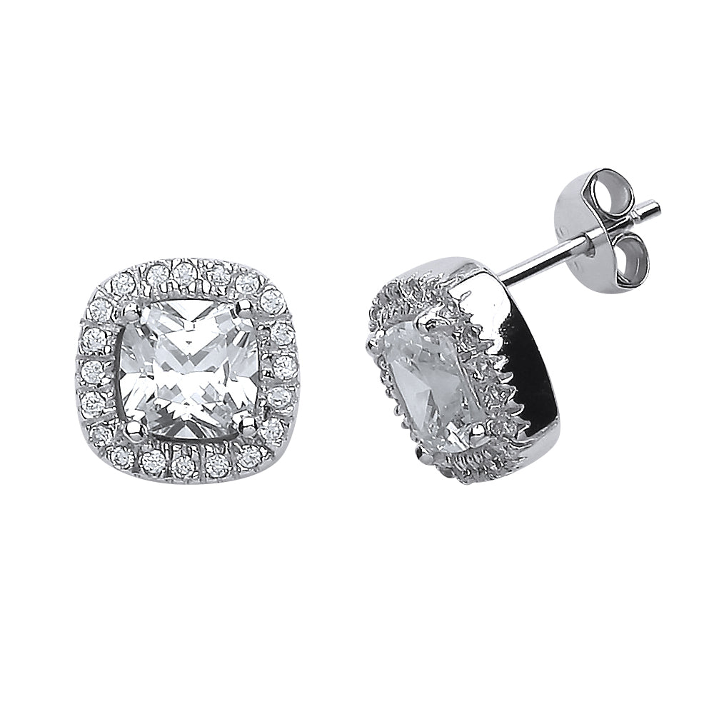 Silver  Cushion CZ Halo Stud Earrings - GVE504