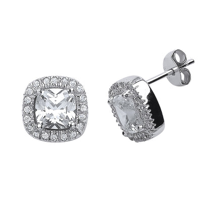 Silver  Cushion CZ Halo Stud Earrings - GVE504