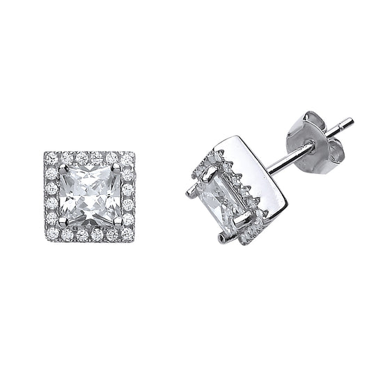 Silver  Princess Cut CZ Halo Stud Earrings - GVE505