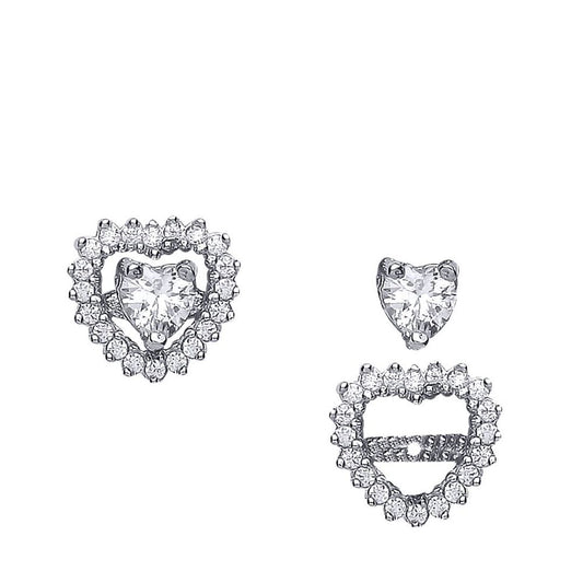 Silver  Heart CZ Solitaire Halo Jacket Stud Earrings - GVE507