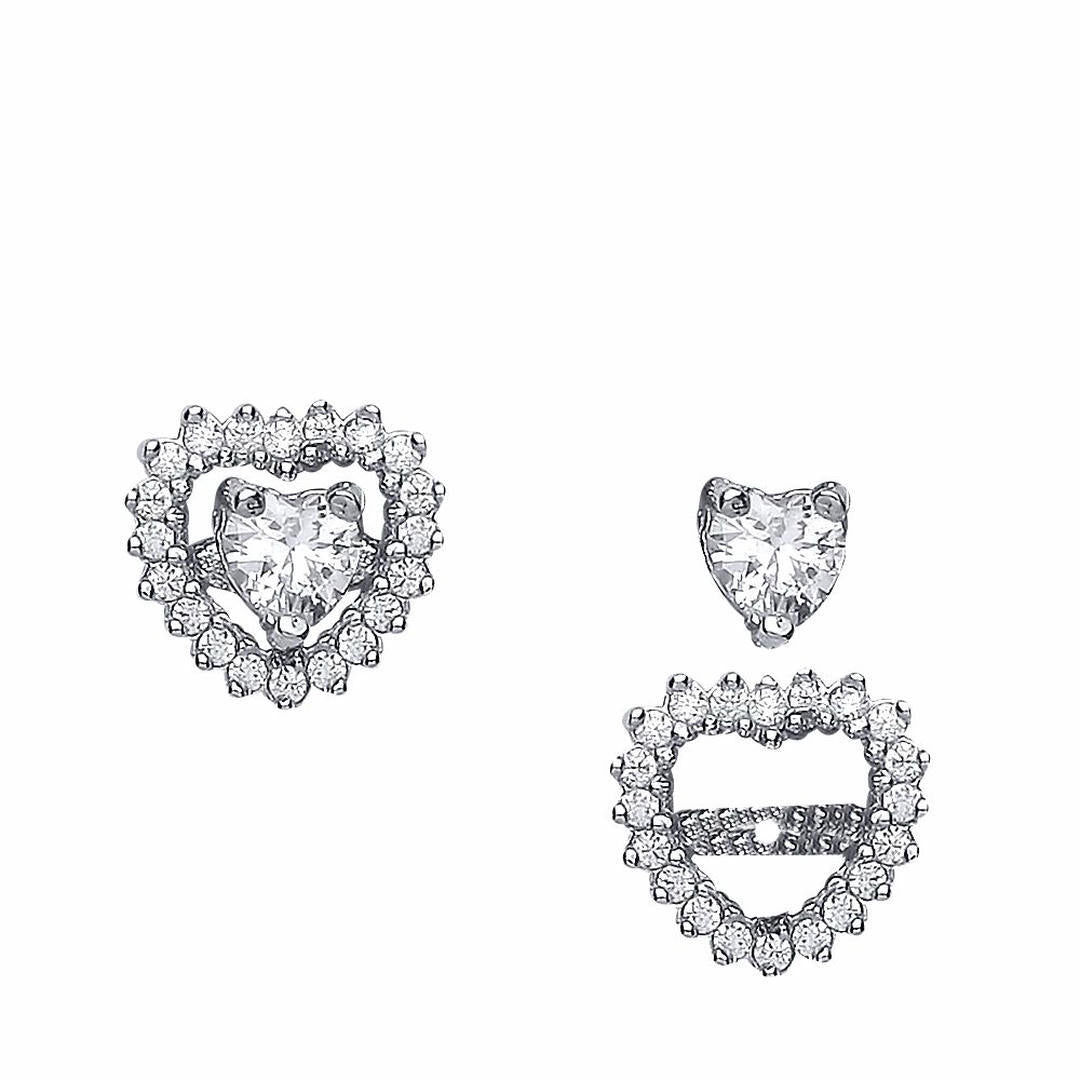 Silver  Heart CZ Solitaire Halo Jacket Stud Earrings - GVE507