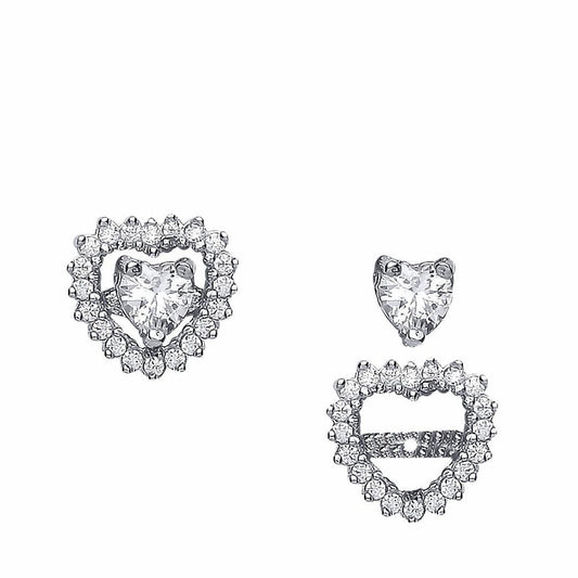 Silver  Heart CZ Solitaire Halo Jacket Stud Earrings - GVE507