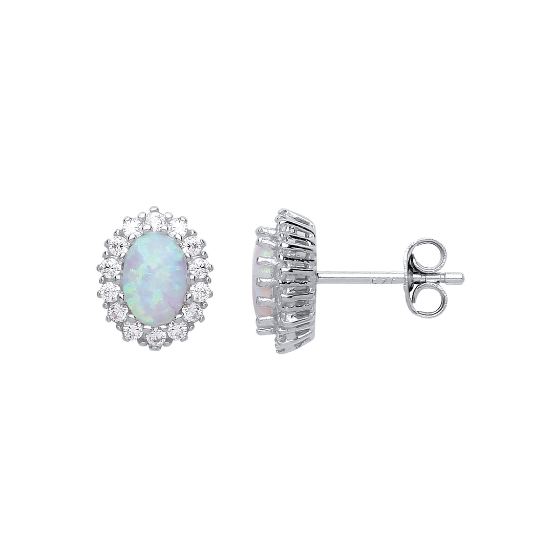 Silver  oval Opal Royal Cluster Stud Earrings - GVE508OP