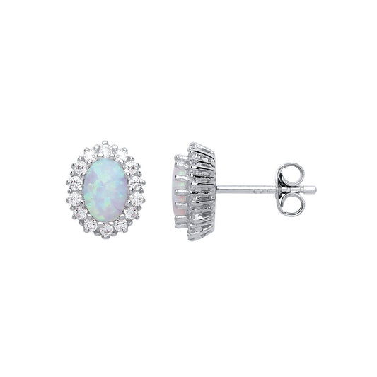 Silver oval Opal Royal Cluster Stud Earrings - GVE508OP