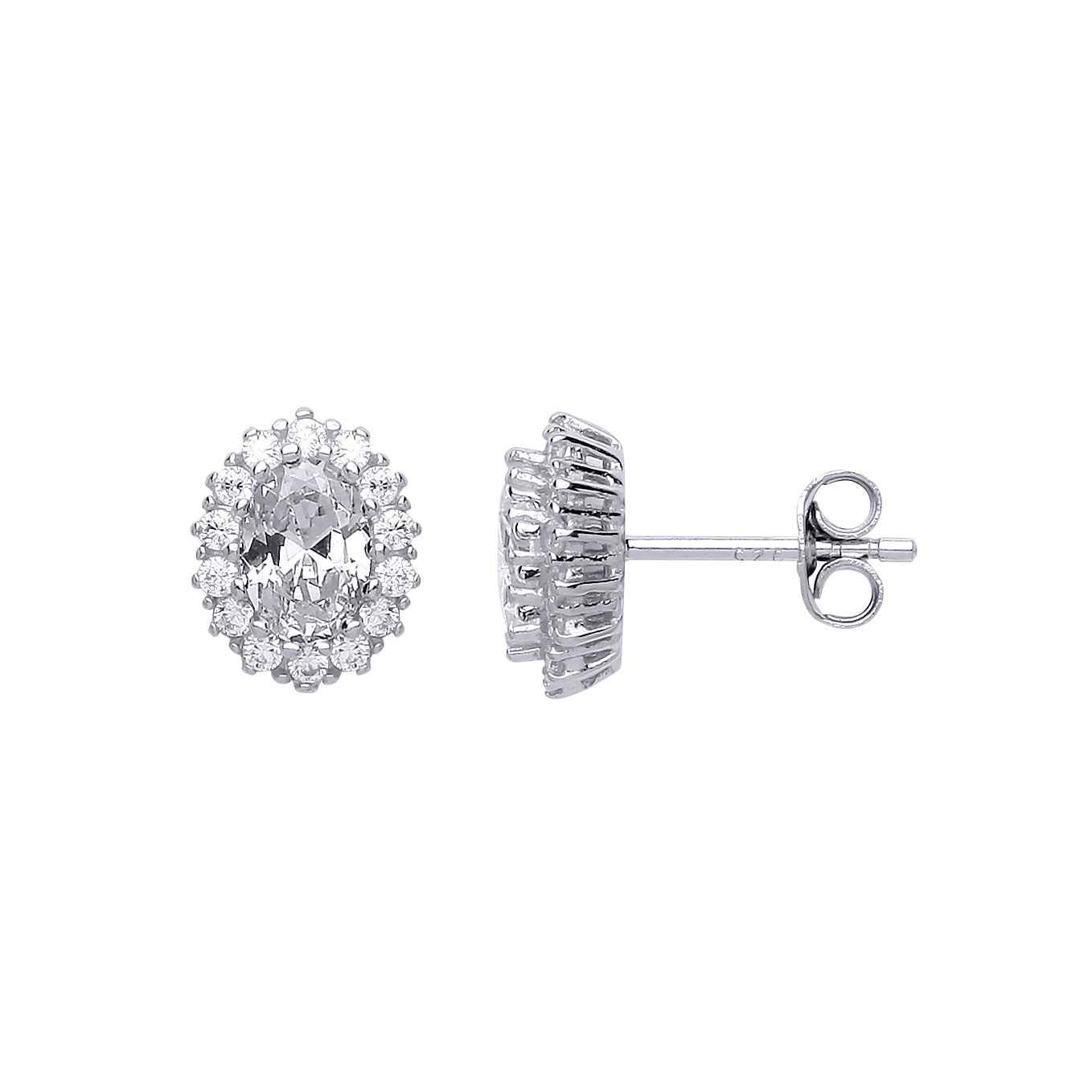 Silver  Oval CZ Halo Stud Earrings - GVE508