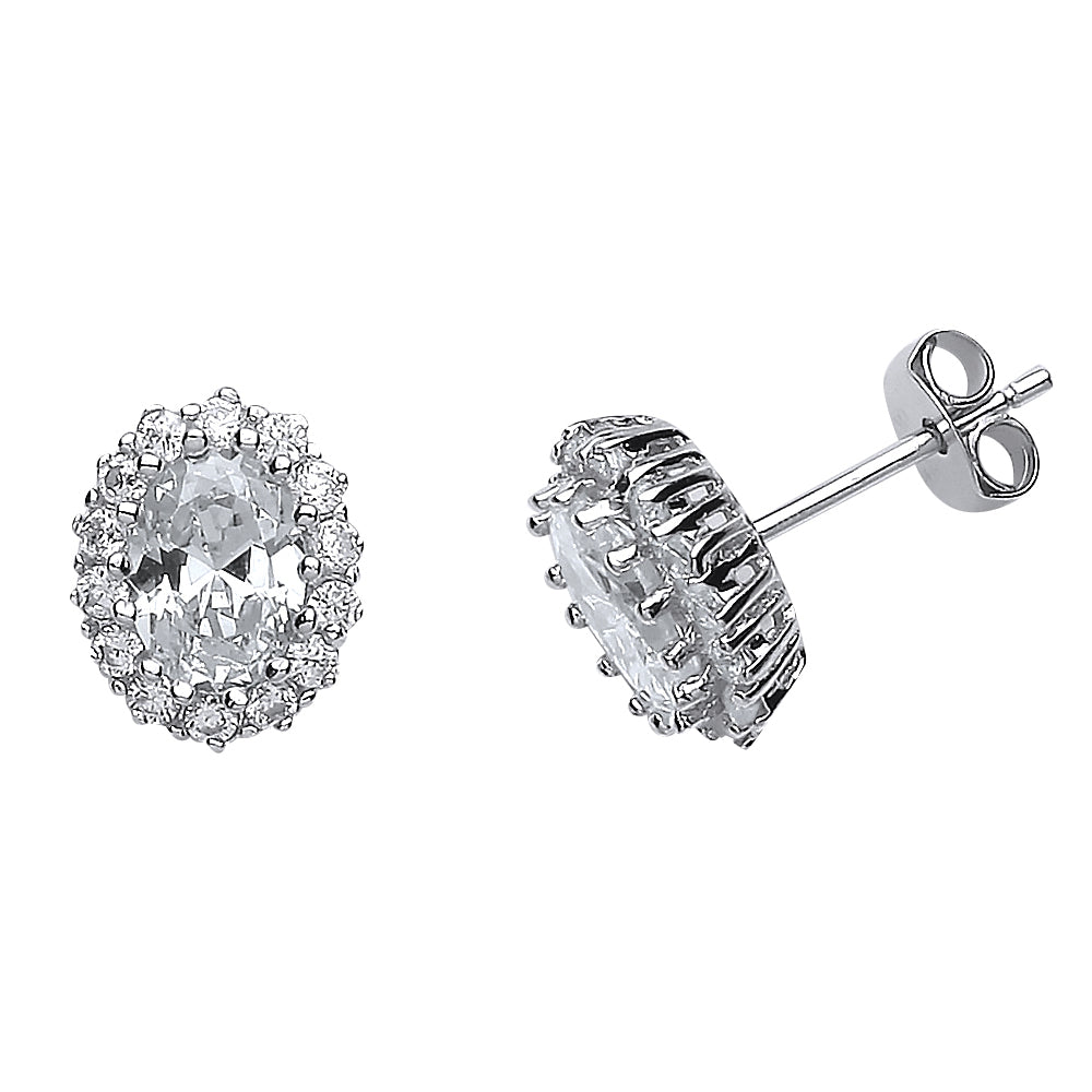 Silver  Oval CZ Halo Stud Earrings - GVE508