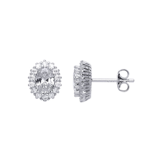Silver  Oval CZ Halo Stud Earrings - GVE508