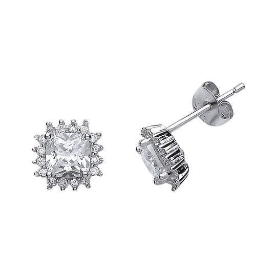 Silver  Cushion CZ Halo Stud Earrings - GVE509