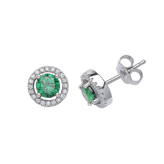 Silver  Green CZ Halo Stud Earrings - GVE524