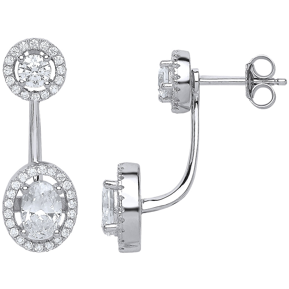 Silver  CZ Double Halo Double Drop Earrings - GVE529