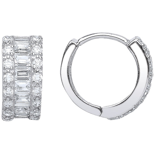 Silver  Baguette CZ Huggie Hoop Earrings 14mm - GVE537