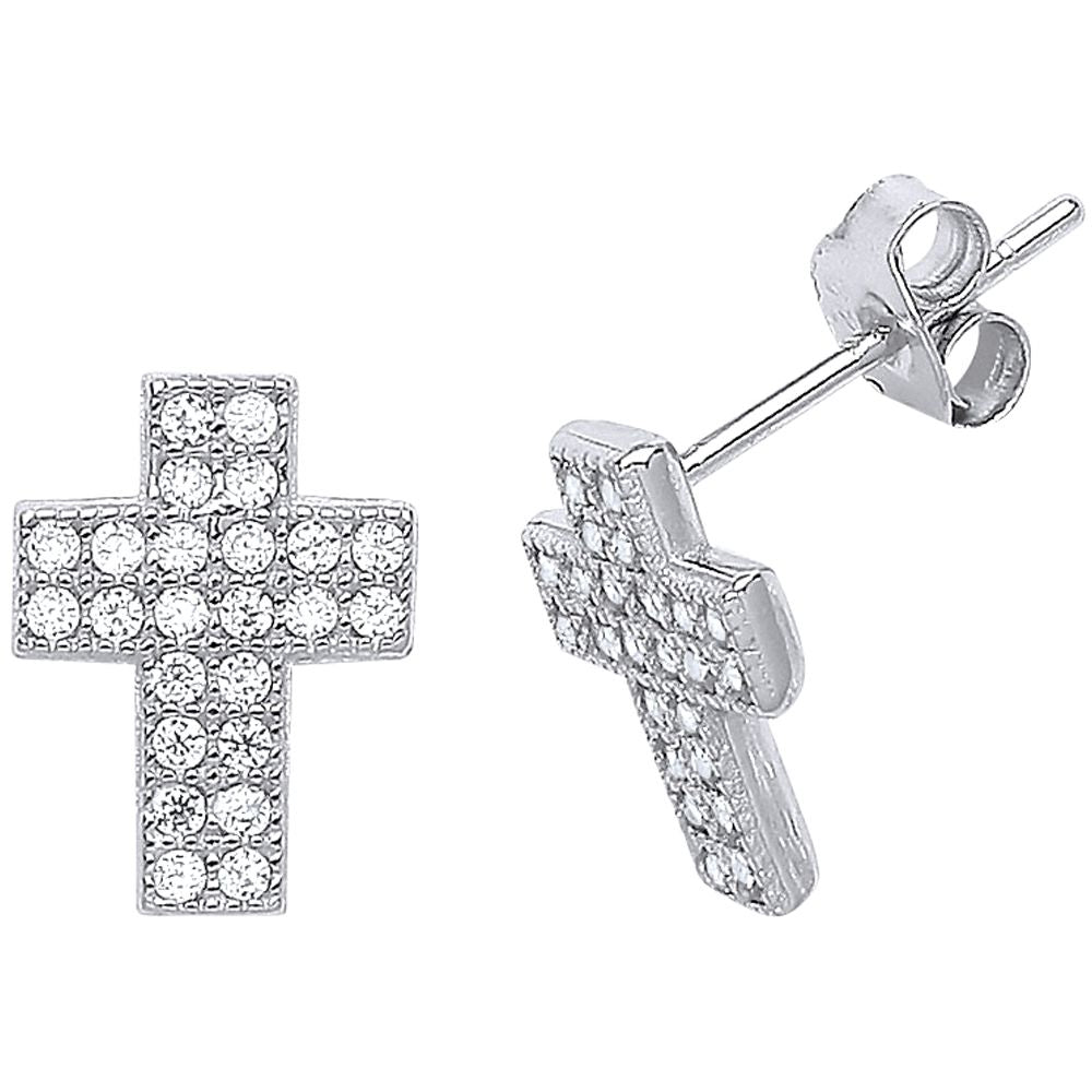 Silver  CZ Pave Cross Stud Earrings - GVE538