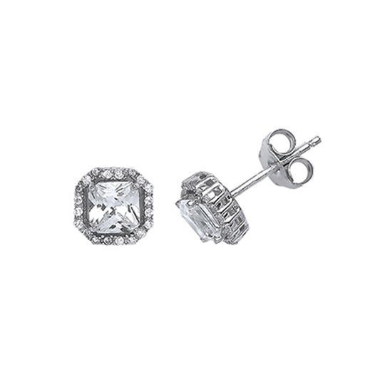 Silver  Princess Cut CZ Halo Stud Earrings - GVE540