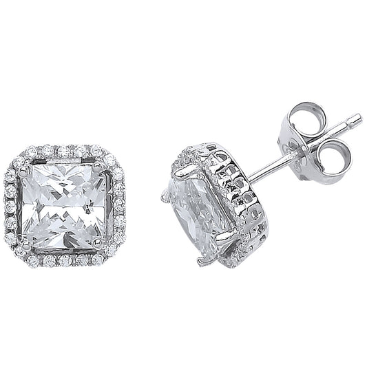 Silver  Princess Cut CZ Halo Stud Earrings - GVE541