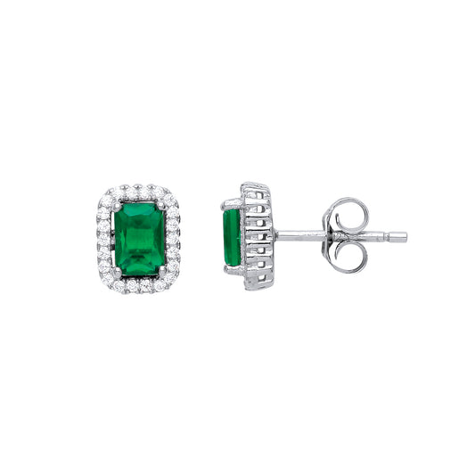 Silver  green emerald cut CZ Football Stadium Stud Earrings - GVE542EM