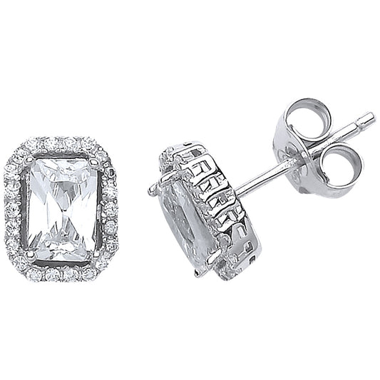 Silver  Emerald Cut CZ Halo Stud Earrings - GVE542