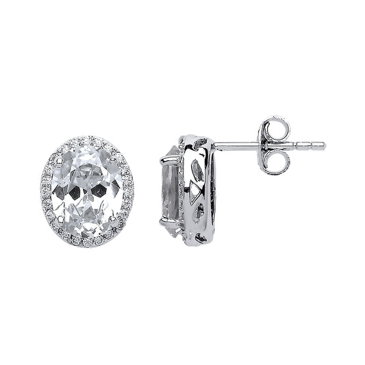 Silver  oval CZ Oval Halo Cluster Stud Earrings - GVE545