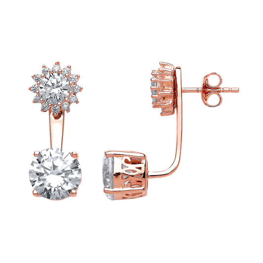 Rose Silver  CZ Round Cluster Double Drop Jacket Earrings - GVE556