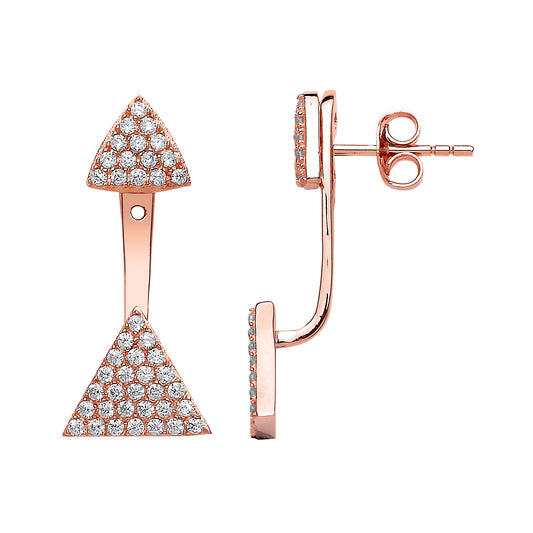 Rose Silver  CZ Pave Pyramid Double Drop Jacket Earrings - GVE568