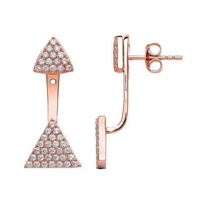 Rose Silver  CZ Pave Pyramid Double Drop Jacket Earrings - GVE568