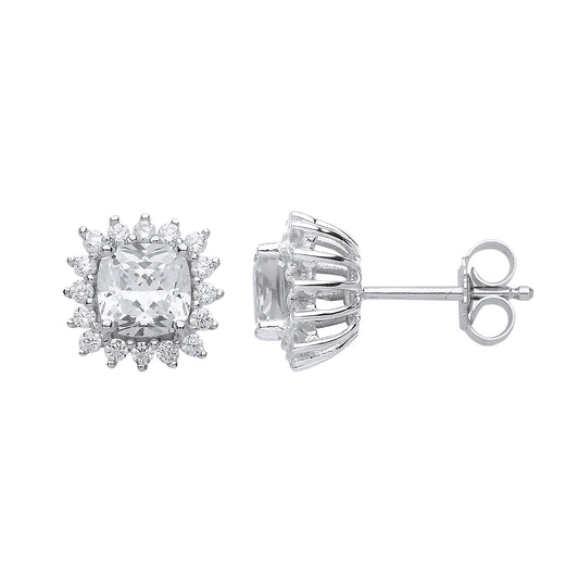 Silver  Square Cushion CZ Sunshine Cluster Stud Earrings - GVE582