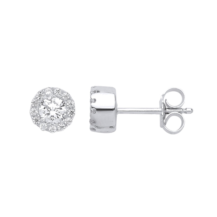 Silver  CZ Halo Solitaire Stud Earrings - GVE584