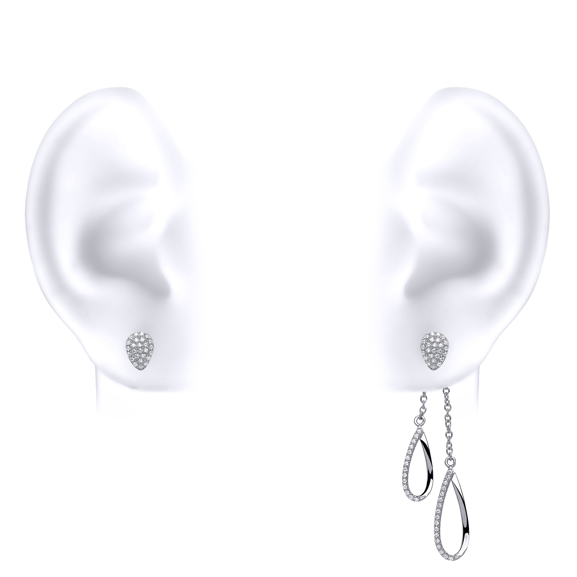 Silver  CZ Twin Raindrop Drop Earrings Studs = 6x9mm Drops = 47mm - GVE585