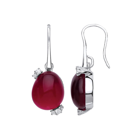 Silver  Rose red Oval Quartz Pebble Drop Earrings - GVE593RUBY