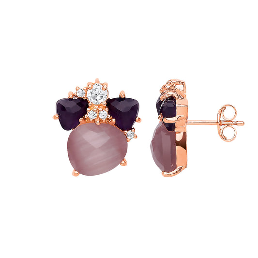 Rose Silver  pink Oval Quartz Pebble Stud Earrings - GVE594ROSE