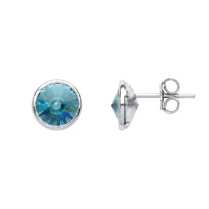 Silver  Aqua Crystal Halo Hoop Solitaire Stud Earrings - GVE600TURQ