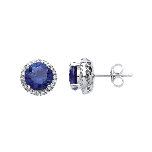 Silver  Blue CZ Halo Stud Earrings - GVE617
