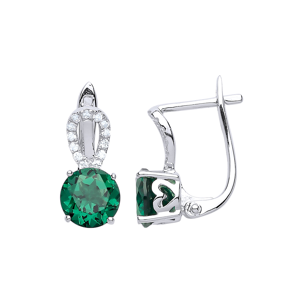 Silver  Green CZ Teardrop Halo Solitaire Drop Earrings - GVE618EM