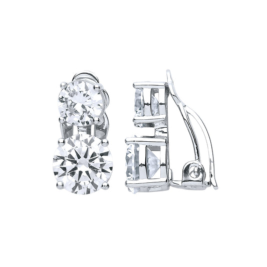 Silver  CZ Double Solitaire Clip-on Drop Earrings - GVE620