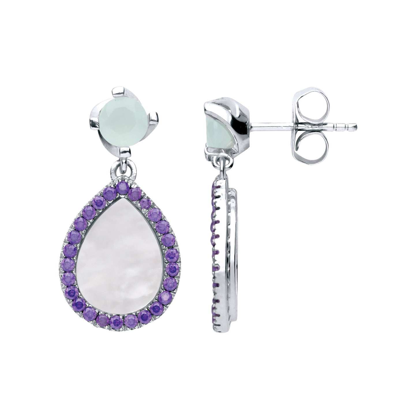 Silver  Purple pear Mother Pearl Halo Tears of Joy Drop Earrings - GVE623