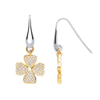 Gilded Silver  CZ Lucky 4 Leaf Clover Drop Earrings - GVE624GOLD