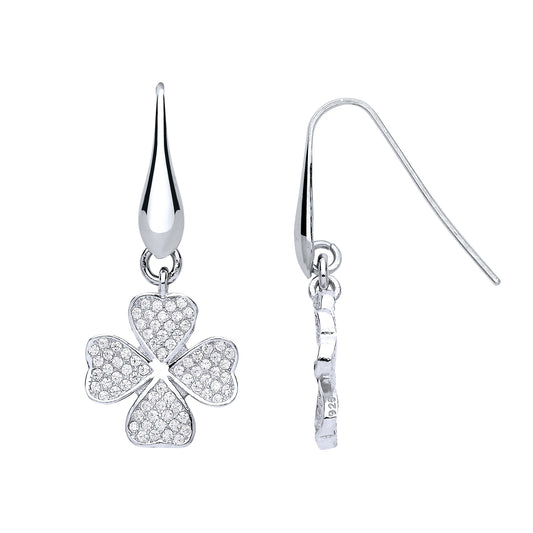 Silver  CZ Lucky 4 Leaf Clover Drop Earrings - GVE624RH