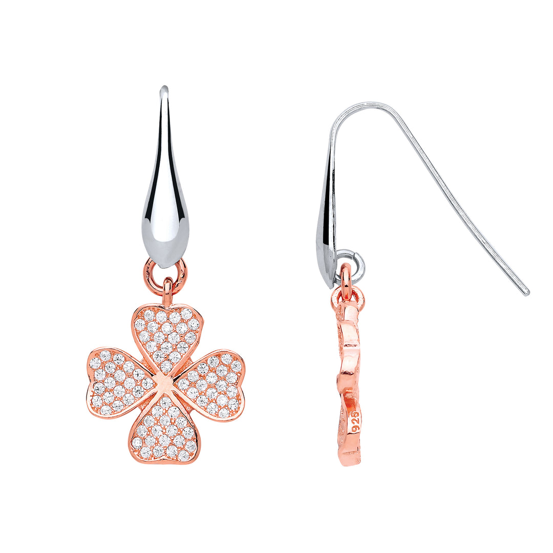 Rose Silver  CZ Lucky 4 Leaf Clover Drop Earrings - GVE624ROSE