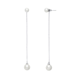 Silver  Simulated Pearl Long Chain Drop Earrings 6-8mm 85mm - GVE643