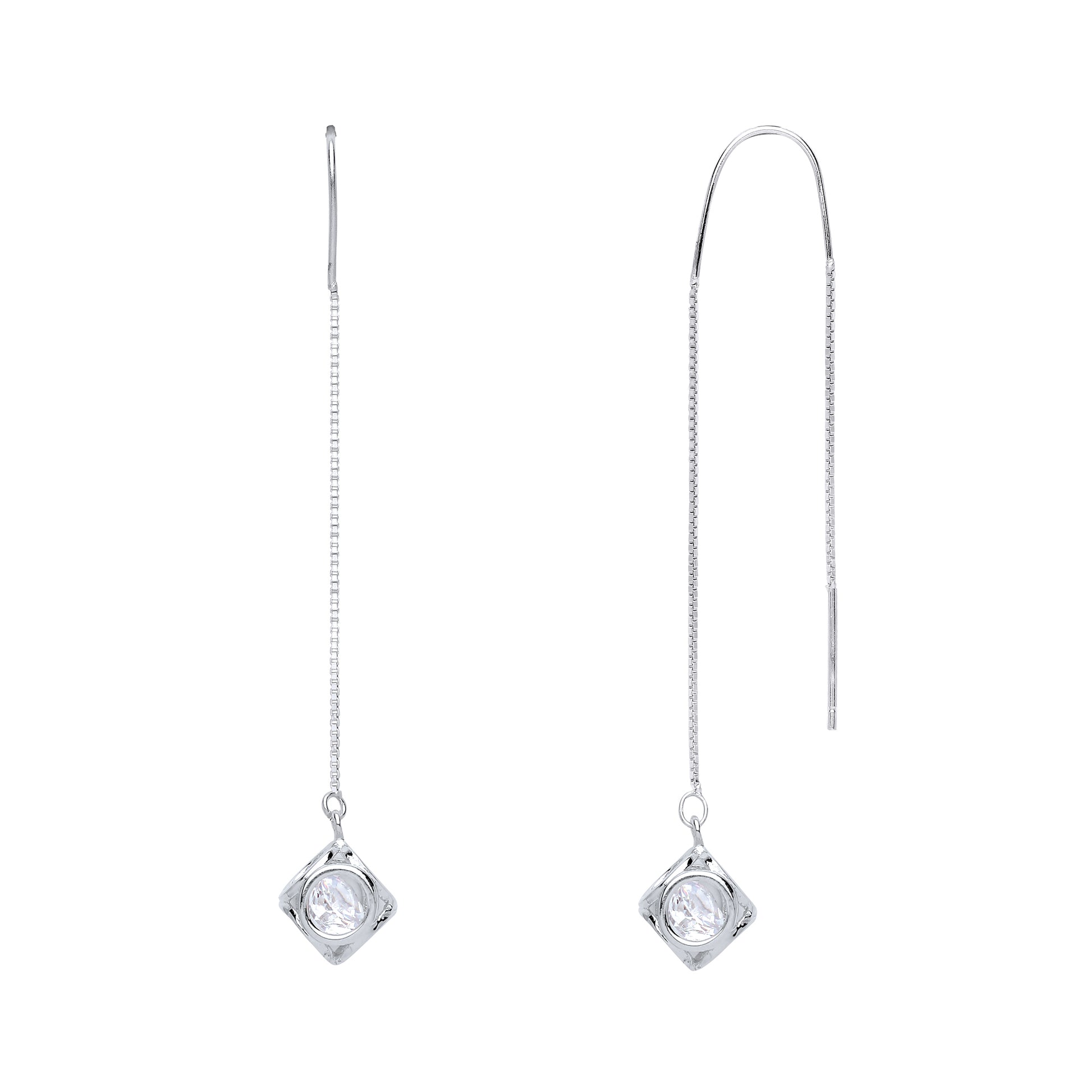 Silver  CZ Solitaire Cube Drop Earrings 50mm - GVE648