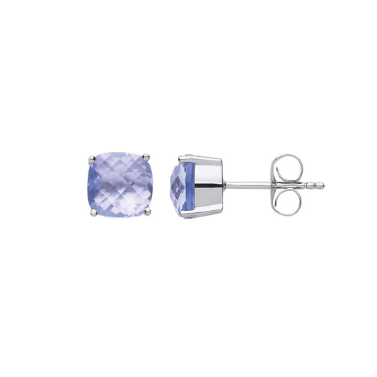 Silver  Aqua Cushion CZ Checkerboard Stud Earrings - GVE650AQ