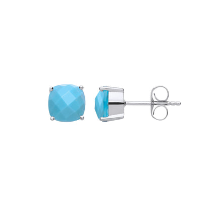 Silver  Blue Cushion Turquoise Checkerboard Stud Earrings - GVE650TQ