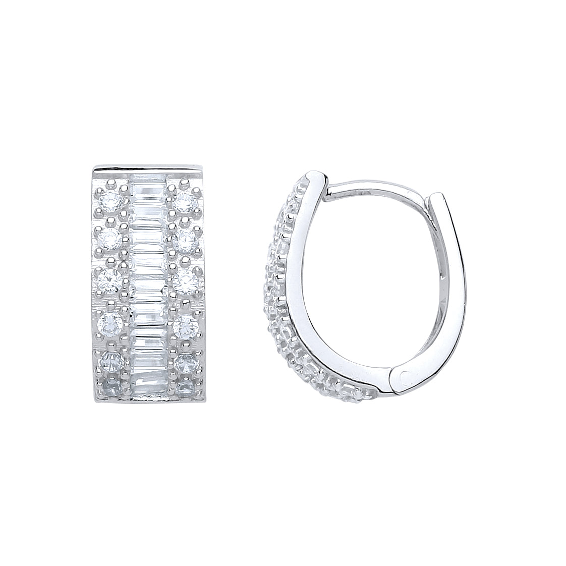 Silver  Baguette CZ Pave Eternity Ring Hoop Earrings 12mm - GVE652