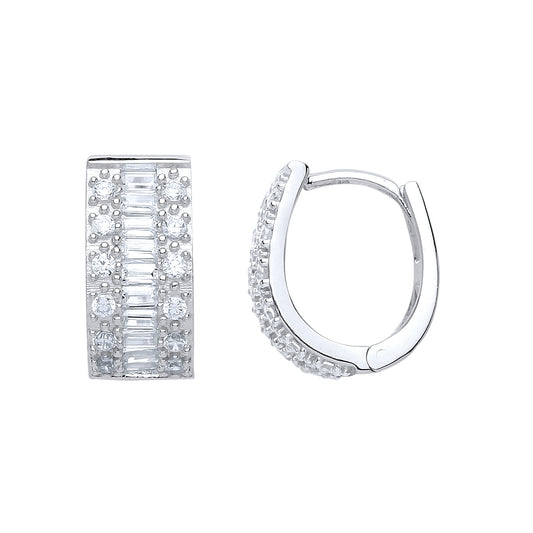 Silver  Baguette CZ Pave Eternity Ring Hoop Earrings 12mm - GVE652