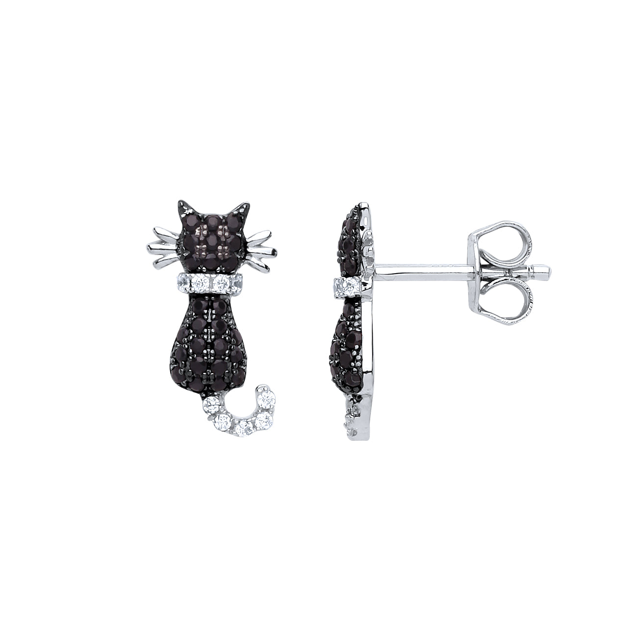 Silver  Black CZ Kitty Cat Stud Earrings - GVE655