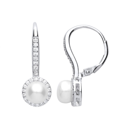 Silver  CZ Pearl Eternity Halo Drop Earrings 9mm - GVE663